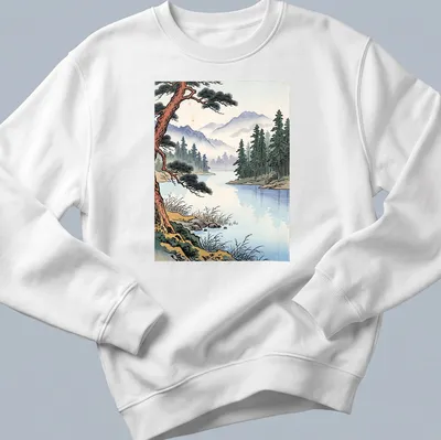 Japanese woodblock print of a tranquil mountain lake landscape — printed on a unisex sweatshirt