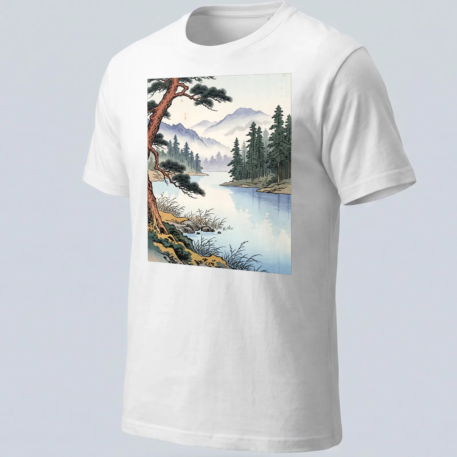 Japanese woodblock print of a tranquil mountain lake landscape — printed on a unisex t-shirt