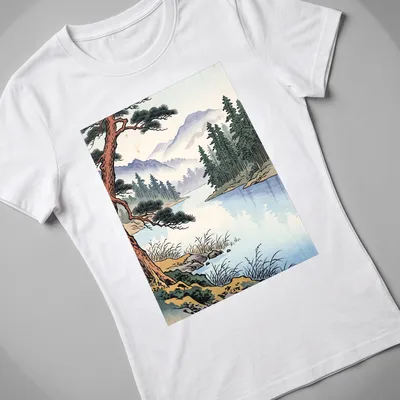 Japanese woodblock print of a tranquil mountain lake landscape — printed on a women's shirt