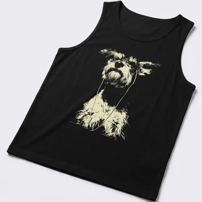 Minimalist line-art schnauzer with earbuds on a light yellow background — printed on a tank top