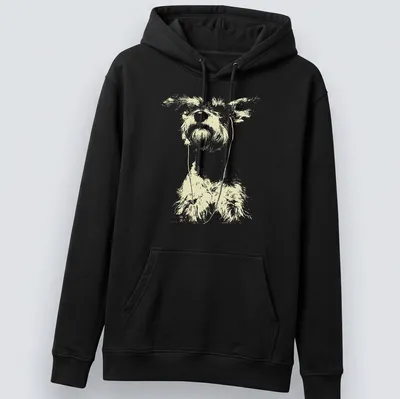 Minimalist line-art schnauzer with earbuds on a light yellow background — printed on a unisex hoodie