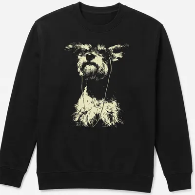 Minimalist line-art schnauzer with earbuds on a light yellow background — printed on a unisex sweatshirt