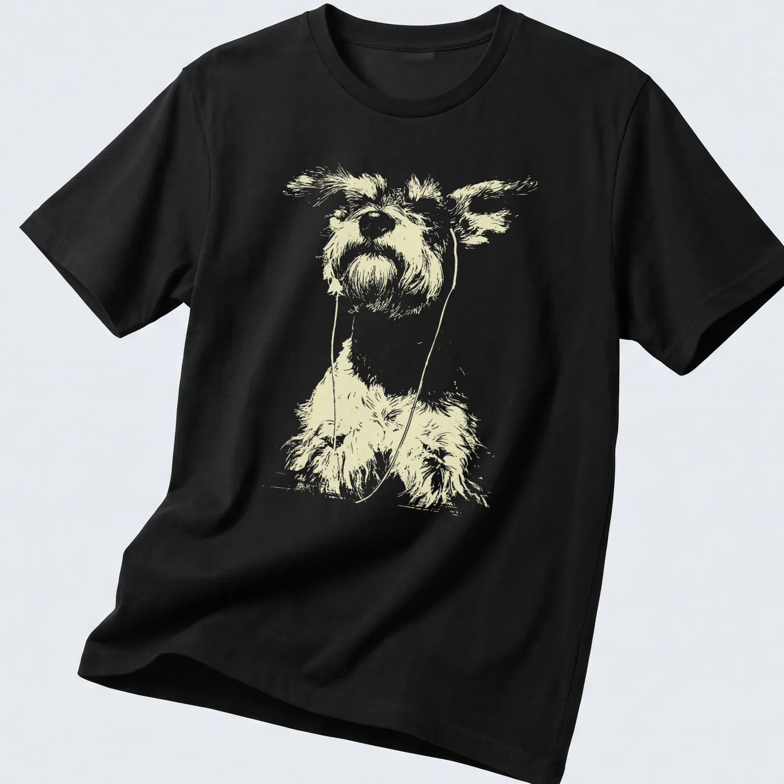 Minimalist line-art schnauzer with earbuds on a light yellow background — printed on a unisex t-shirt