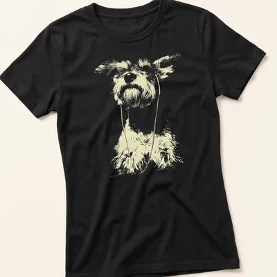 Minimalist line-art schnauzer with earbuds on a light yellow background — printed on a women's shirt