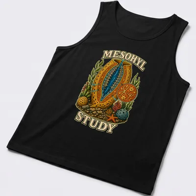 Illustration of a sea sponge with detailed anatomy labeled in vibrant colors — printed on a tank top