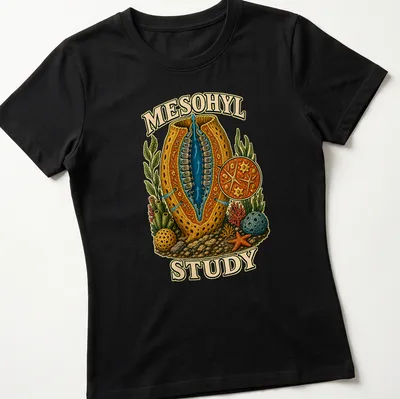 Illustration of a sea sponge with detailed anatomy labeled in vibrant colors — printed on a women's shirt