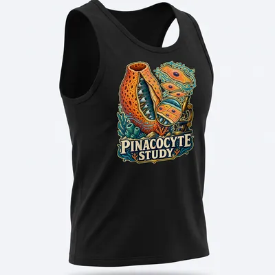 Vibrant illustration of a sea sponge with 'Pinacocyte Study' text — printed on a tank top