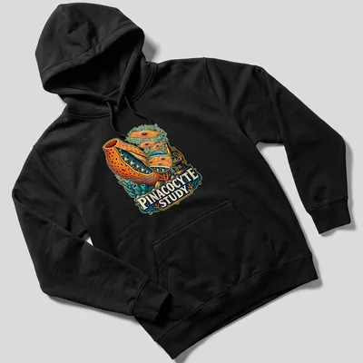 Vibrant illustration of a sea sponge with 'Pinacocyte Study' text — printed on a unisex hoodie