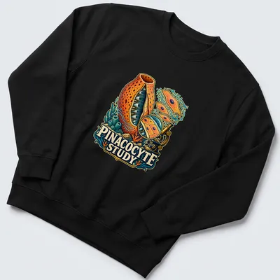 Vibrant illustration of a sea sponge with 'Pinacocyte Study' text — printed on a unisex sweatshirt