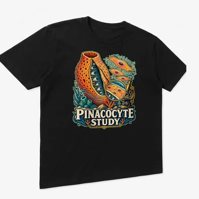 Vibrant illustration of a sea sponge with 'Pinacocyte Study' text — printed on a unisex t-shirt (angled view)
