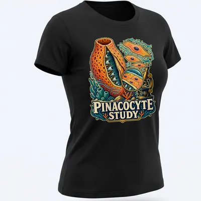Vibrant illustration of a sea sponge with 'Pinacocyte Study' text — printed on a women's shirt