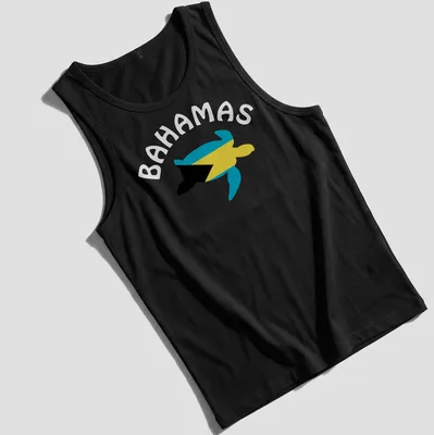 Sea turtle graphic featuring the Flag of The Bahamas in blue, yellow, and black. — printed on a tank top