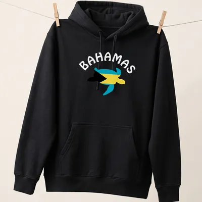 Sea turtle graphic featuring the Flag of The Bahamas in blue, yellow, and black. — printed on a unisex hoodie