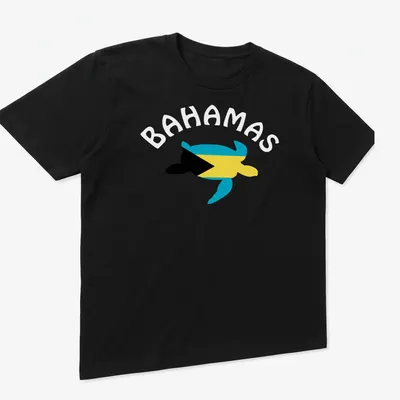 Sea turtle graphic featuring the Flag of The Bahamas in blue, yellow, and black. — printed on a unisex t-shirt (angled view)