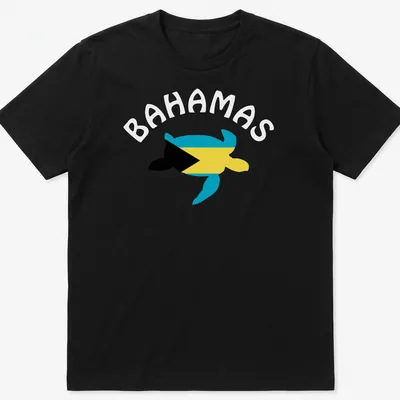 Sea turtle graphic featuring the Flag of The Bahamas in blue, yellow, and black.