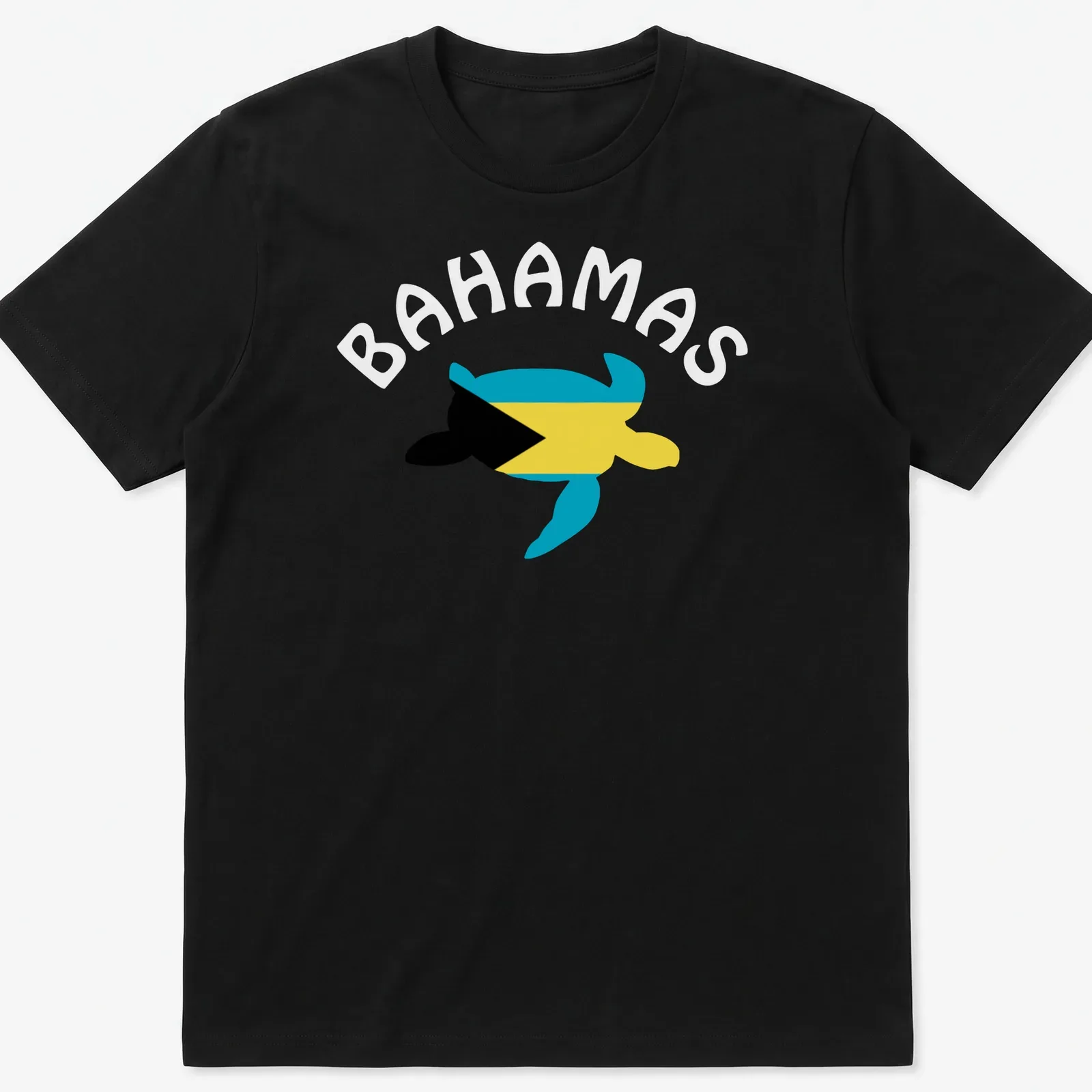 Sea turtle graphic featuring the Flag of The Bahamas in blue, yellow, and black. — printed on a unisex t-shirt