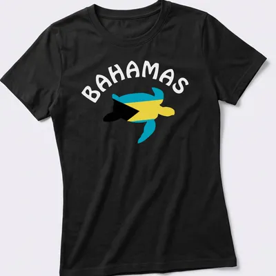 Sea turtle graphic featuring the Flag of The Bahamas in blue, yellow, and black. — printed on a women's shirt