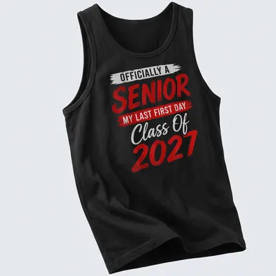 Bold typography Senior Class of 2027 T-shirt with playful brush stroke design — printed on a tank top