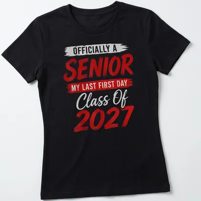 Bold typography Senior Class of 2027 T-shirt with playful brush stroke design — printed on a women's shirt