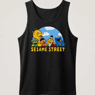 Cartoon print of Sesame Street characters surrounding the text SESAME STREET — printed on a tank top