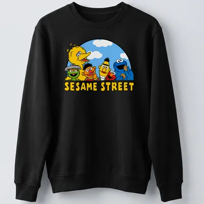 Cartoon print of Sesame Street characters surrounding the text SESAME STREET — printed on a unisex sweatshirt