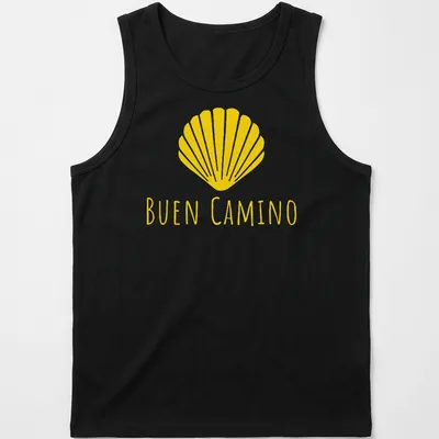 Minimalist design featuring a shell and the words Buen Camino in yellow — printed on a tank top