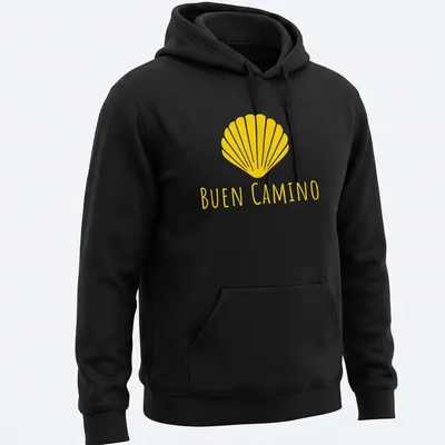 Minimalist design featuring a shell and the words Buen Camino in yellow — printed on a unisex hoodie