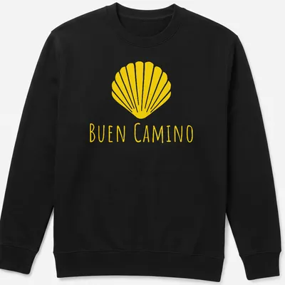 Minimalist design featuring a shell and the words Buen Camino in yellow — printed on a unisex sweatshirt