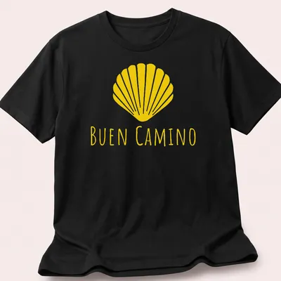 Minimalist design featuring a shell and the words Buen Camino in yellow — printed on a unisex t-shirt