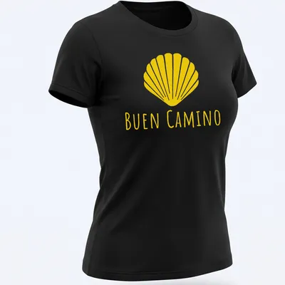 Minimalist design featuring a shell and the words Buen Camino in yellow — printed on a women's shirt