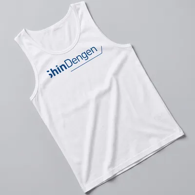 Modern blue and white ShinDengen logo t-shirt with clean design — printed on a tank top