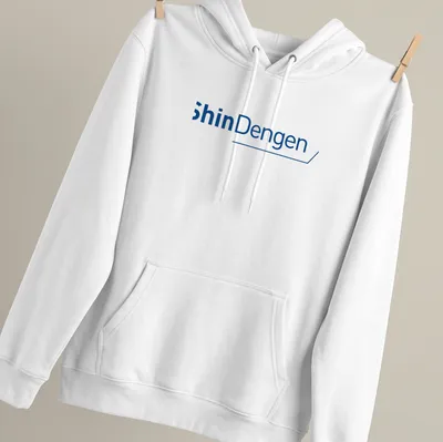 Modern blue and white ShinDengen logo t-shirt with clean design — printed on a unisex hoodie