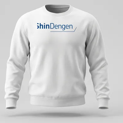 Modern blue and white ShinDengen logo t-shirt with clean design — printed on a unisex sweatshirt