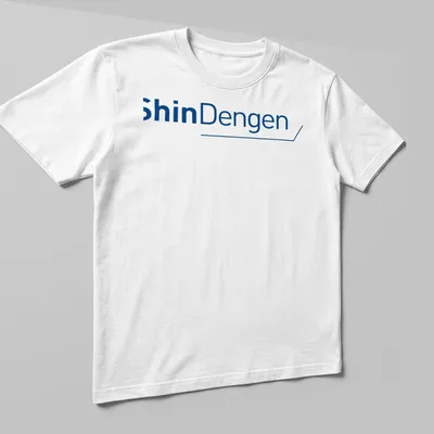 Modern blue and white ShinDengen logo t-shirt with clean design — printed on a unisex t-shirt (angled view)