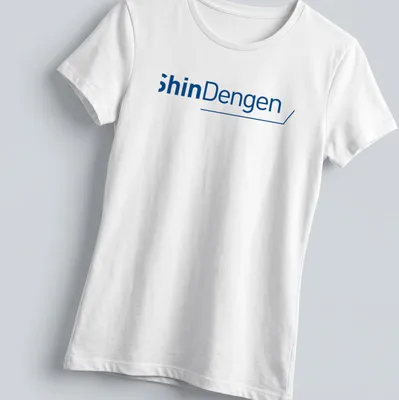 Modern blue and white ShinDengen logo t-shirt with clean design — printed on a women's shirt