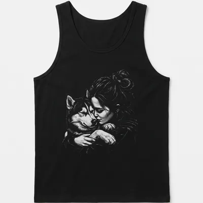Illustration of a girl cuddling a Siberian Husky dog in soft grey tones — printed on a tank top