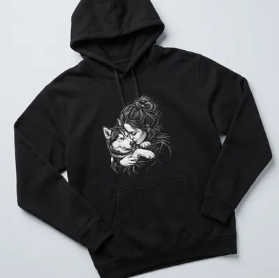 Illustration of a girl cuddling a Siberian Husky dog in soft grey tones — printed on a unisex hoodie