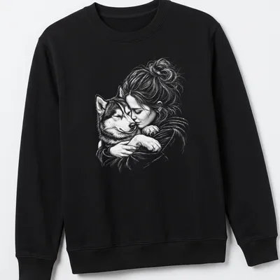 Illustration of a girl cuddling a Siberian Husky dog in soft grey tones — printed on a unisex sweatshirt