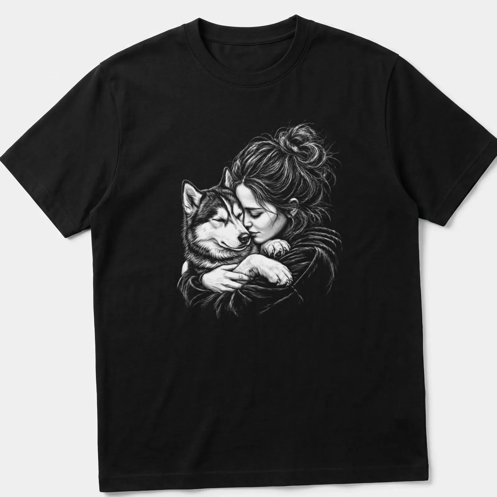 Illustration of a girl cuddling a Siberian Husky dog in soft grey tones — printed on a unisex t-shirt