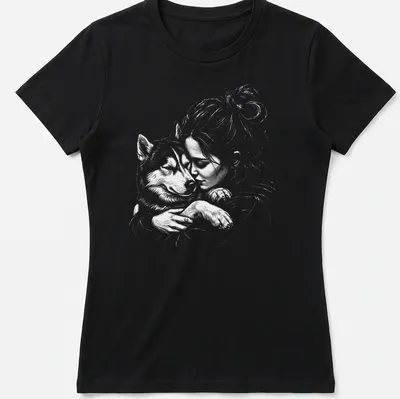 Illustration of a girl cuddling a Siberian Husky dog in soft grey tones — printed on a women's shirt