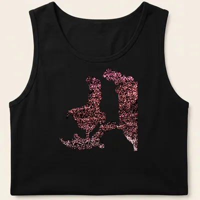 Glittering silhouette design with characters and text 'A Whole New World' — printed on a tank top