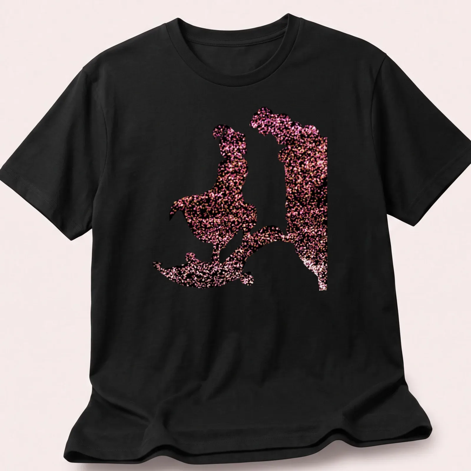 Glittering silhouette design with characters and text 'A Whole New World' — printed on a unisex t-shirt