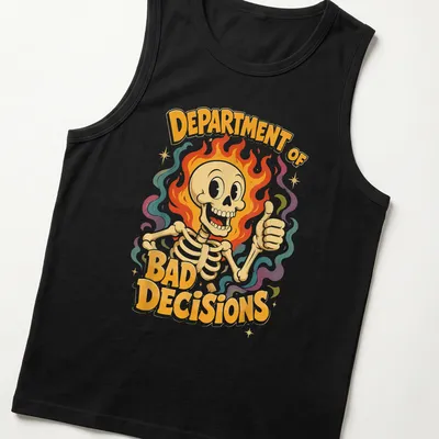 Vintage cartoon skeleton with colorful lettering reading 'Department of Bad Decisions' — printed on a tank top