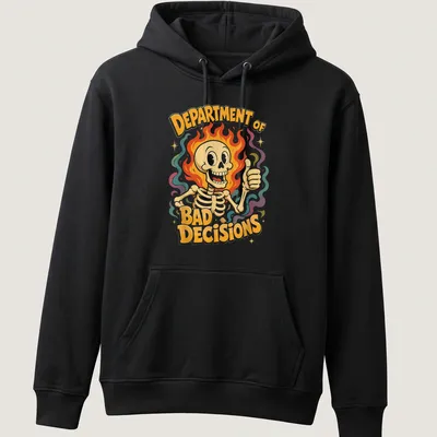 Vintage cartoon skeleton with colorful lettering reading 'Department of Bad Decisions' — printed on a unisex hoodie