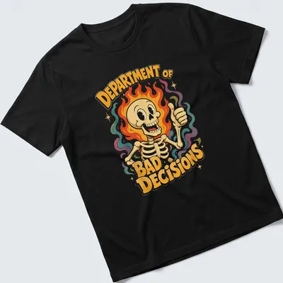 Vintage cartoon skeleton with colorful lettering reading 'Department of Bad Decisions'