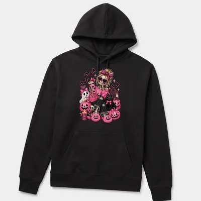 Kawaii style skeleton in pink with pumpkins and bats for Halloween — printed on a unisex hoodie