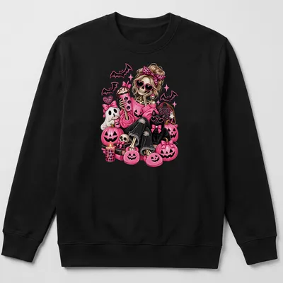 Kawaii style skeleton in pink with pumpkins and bats for Halloween — printed on a unisex sweatshirt