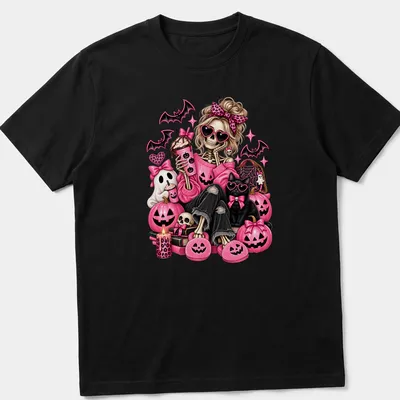 Kawaii style skeleton in pink with pumpkins and bats for Halloween
