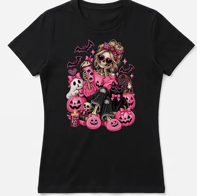 Kawaii style skeleton in pink with pumpkins and bats for Halloween — printed on a women's shirt