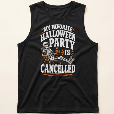 Cartoon skeleton lamenting a canceled Halloween party with bold text — printed on a tank top